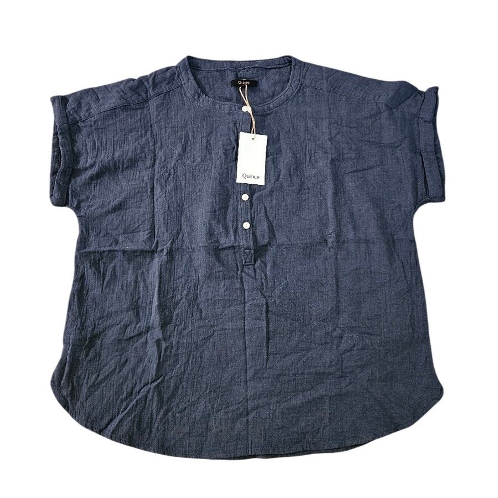 Quince Organic Cotton Gauze Roll Sleeve Shirt Indigo Blue Large New Top